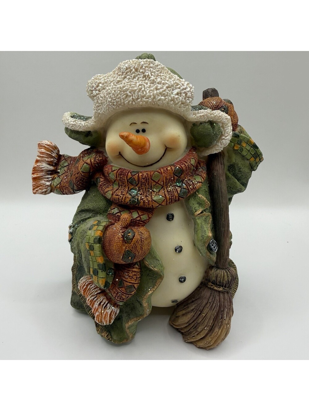 Vintage Style Snowman Figurine 6.5 Inch Resin Broom Hat Scarf Christmas Decor